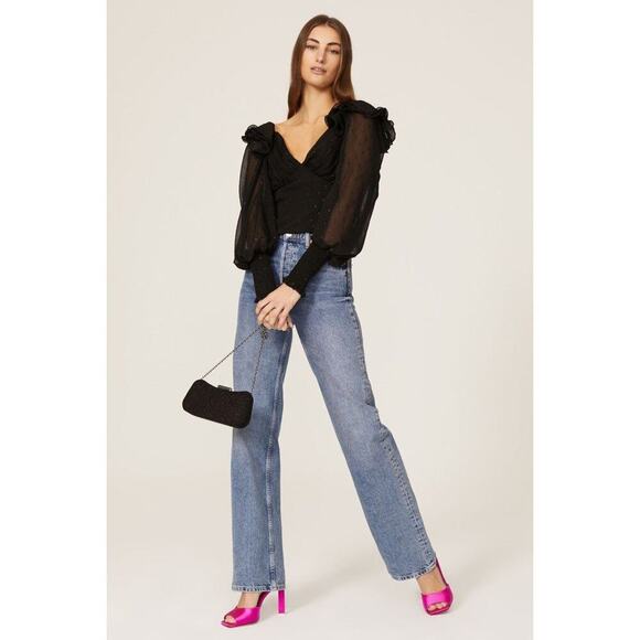 Hutch Women's Black Long Balloon Sleeves Reni Ruffles Metallic Top Size L - Picture 1 of 11